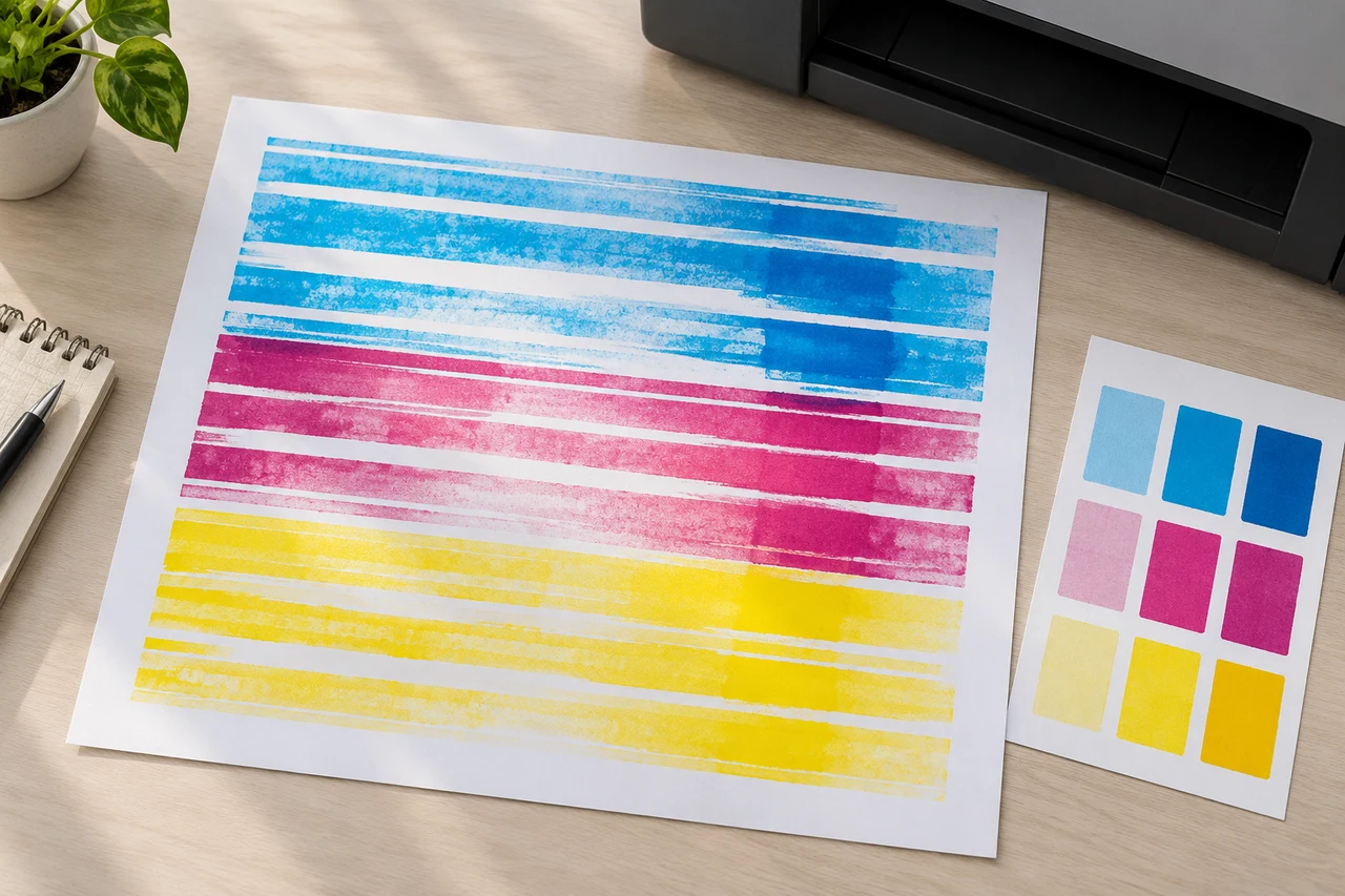 Illustration of horizontal gaps in printed colour areas, not an actual diagnostic test