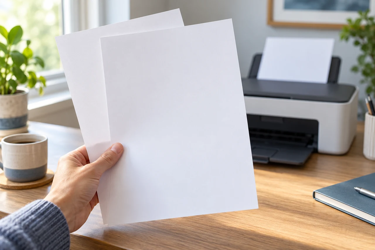 Illustrative scene showing blank paper beside a generic printer