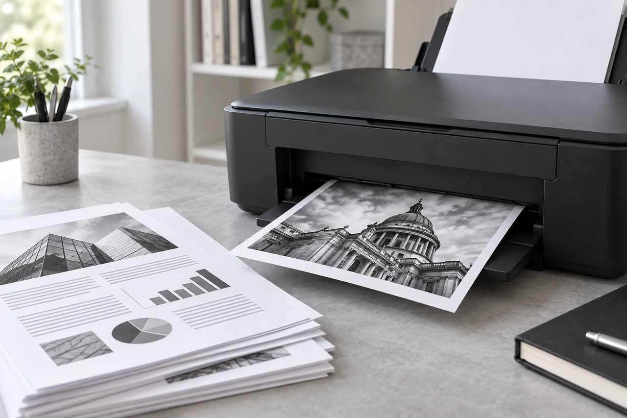 Illustrative monochrome documents and architectural photo emerging from a generic inkjet printer