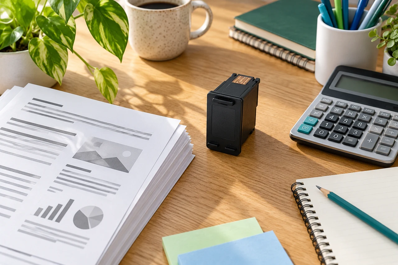 Illustrative desk scene with printed documents, generic cartridge and calculator